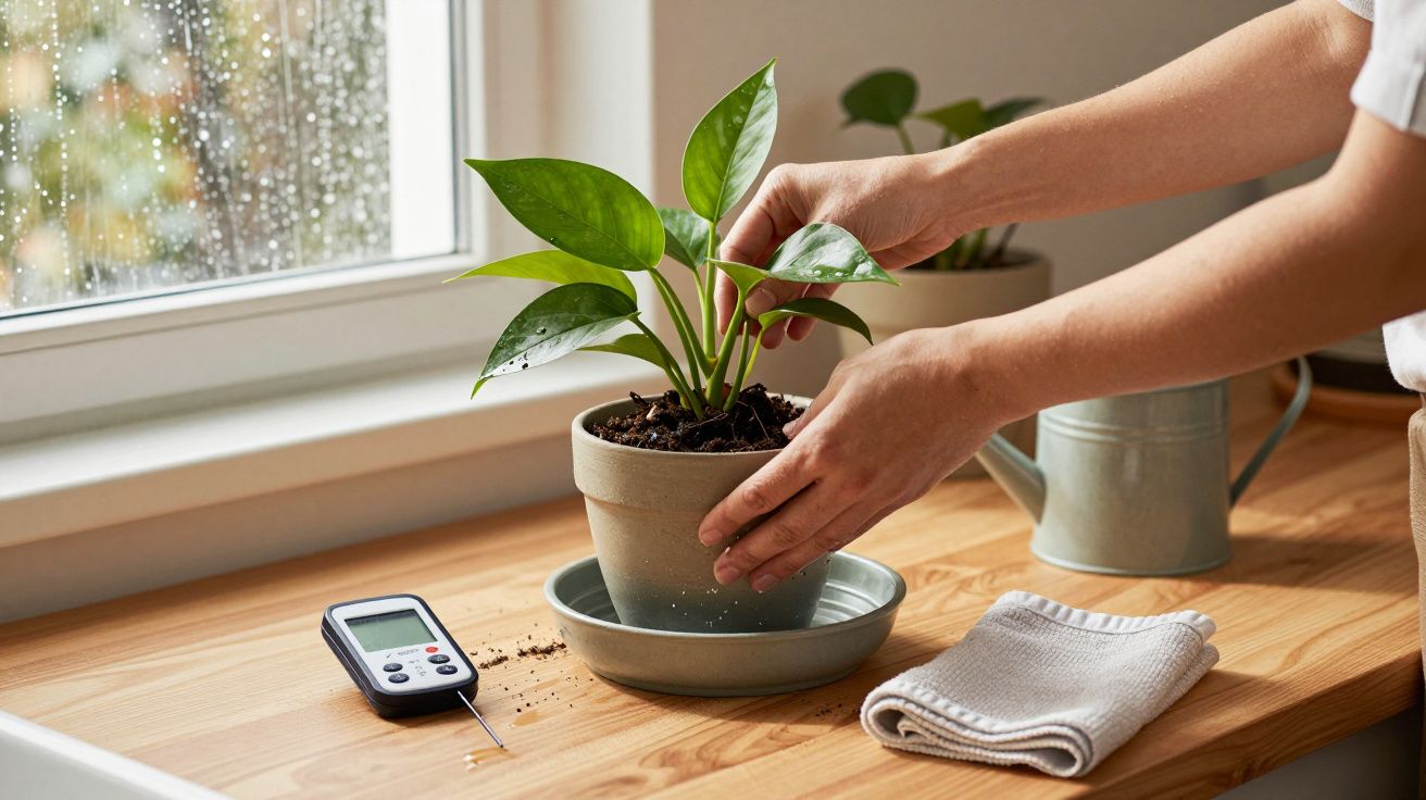 Mãos cuidando de planta em vaso, numa janela com chuva. Medidor e regador estão na mesa de madeira ao lado de um pano.
