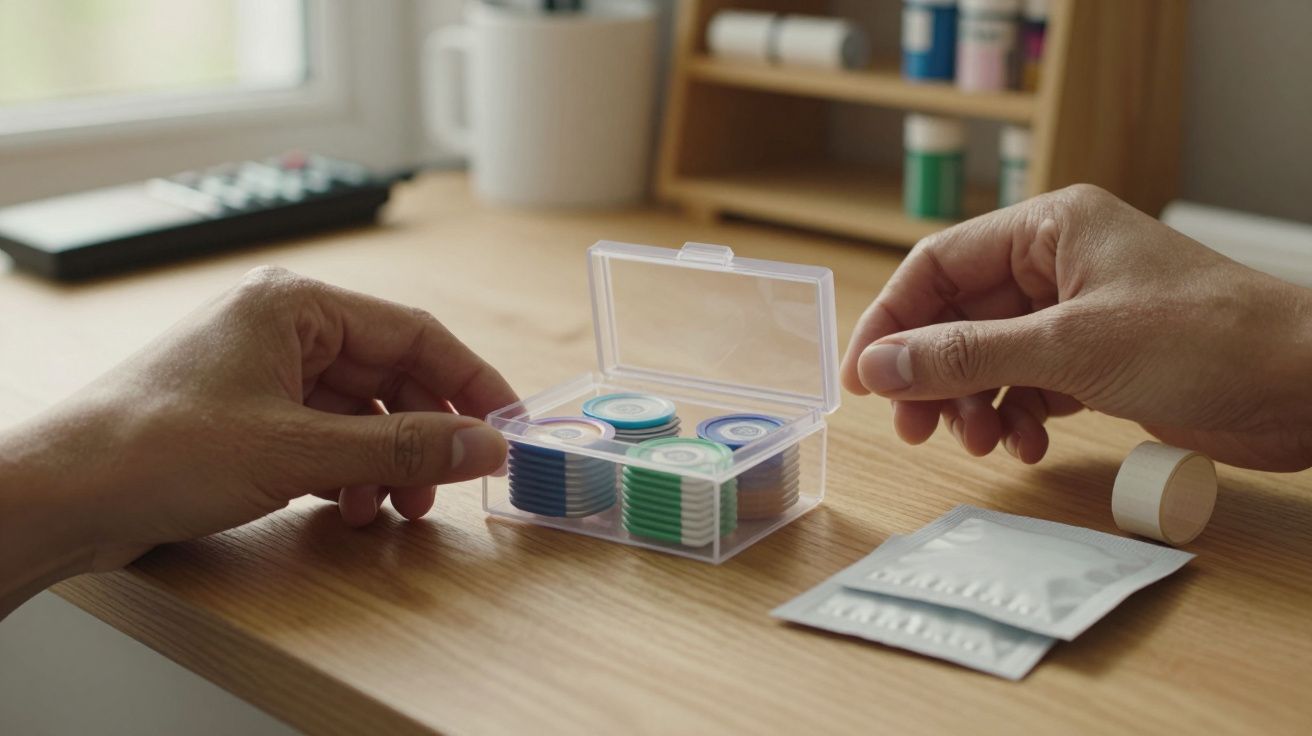 Duas mãos seguram uma caixa de plástico com fichas de póquer coloridas sobre uma mesa de madeira.