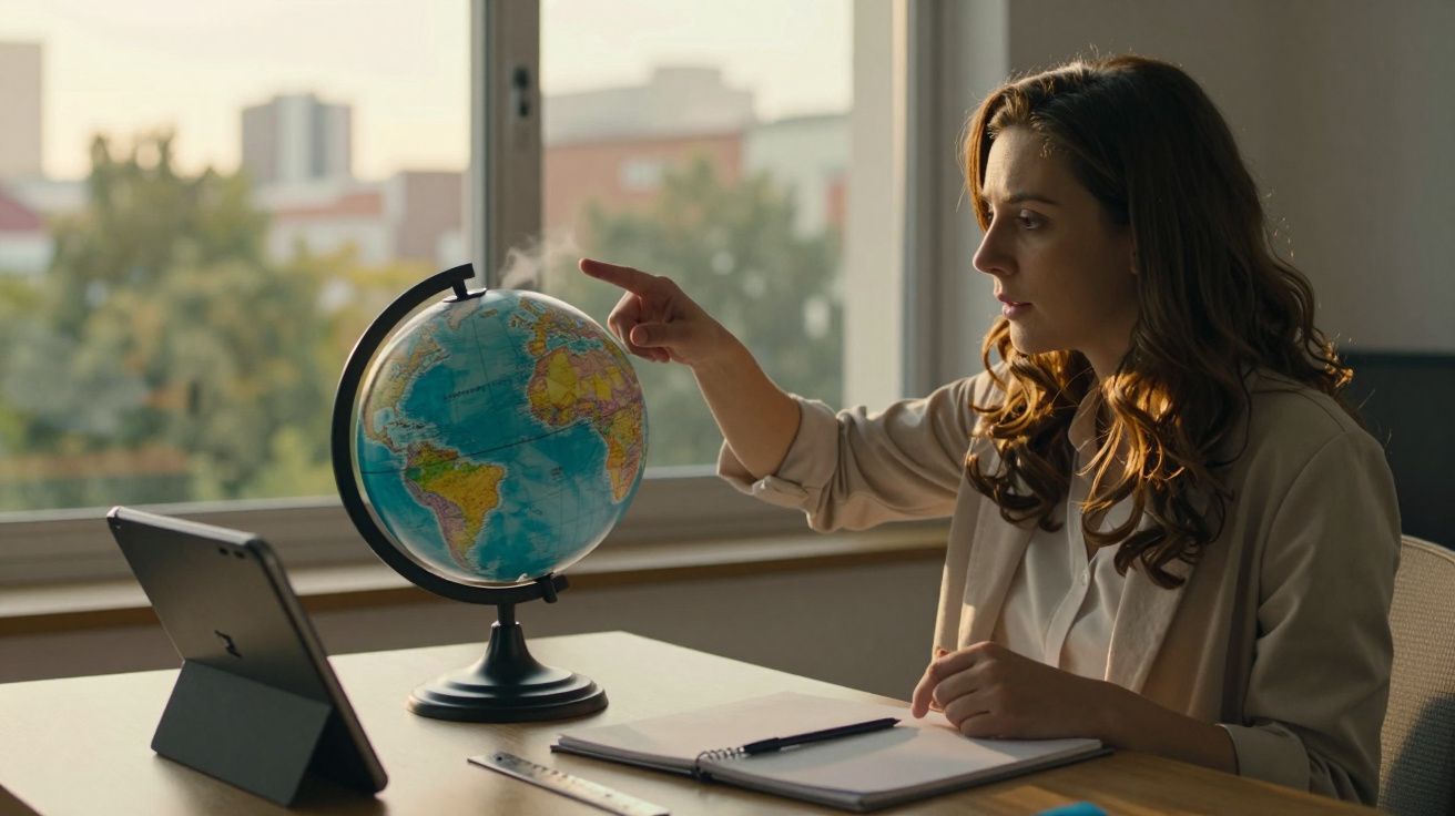 Mulher aponta para um globo terrestre enquanto está sentada à mesa com um tablet e caderno, janela ao fundo.