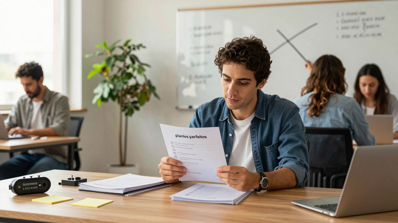 Jovem sentado em mesa de escritório, lendo um documento. Atrás, colegas também trabalham em mesas e quadro com anotações.
