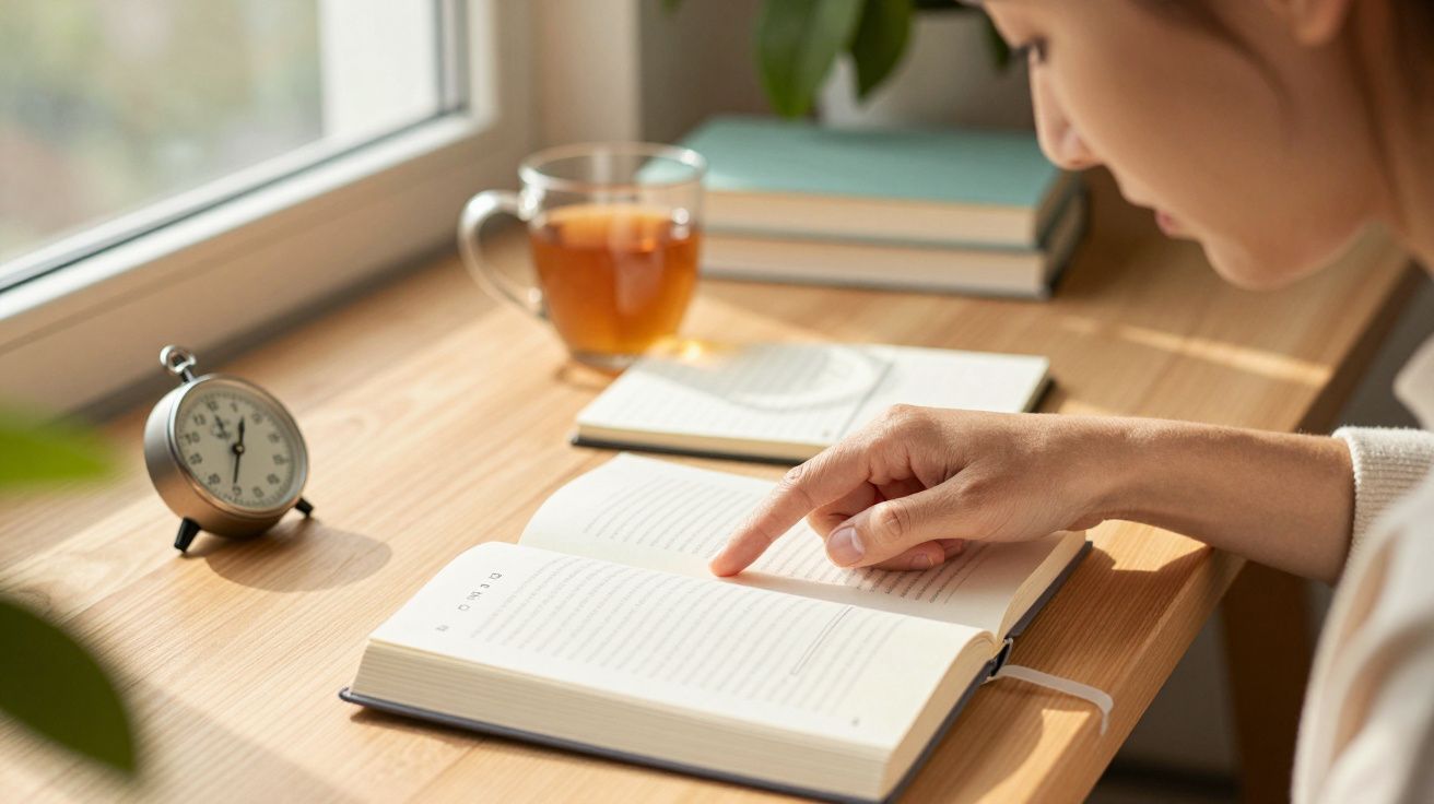 Pessoa a ler livro numa mesa com chávena de chá, relógio e livros ao fundo, perto de uma janela.
