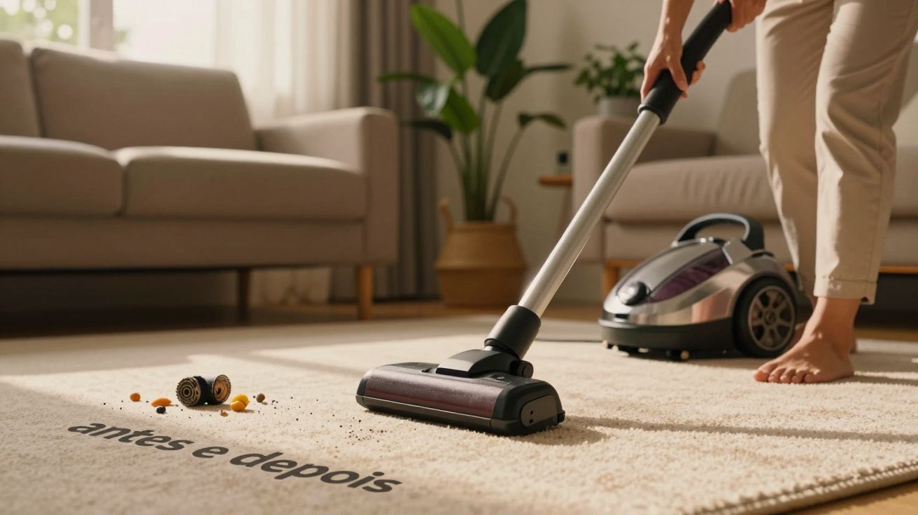 Pessoa a aspirar tapete bege com algumas migalhas, com sofá ao fundo e a frase "antes e depois" no chão.