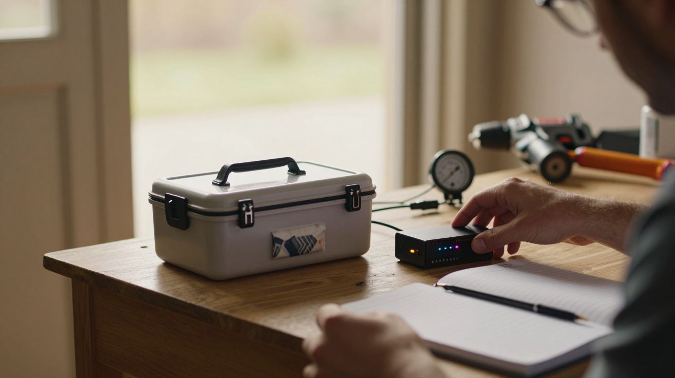 Homem ajusta dispositivo ao lado de caixa branca sobre mesa de madeira, com caderno e caneta próximos.
