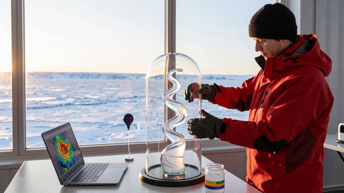 Homem em casaco vermelho observa equipamento científico numa sala com janela para paisagem nevada, ao lado de computador port