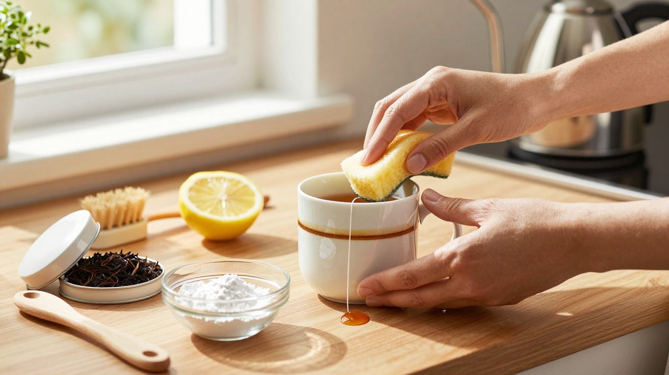 Mãos a espremer um limão numa chávena com especiarias e ingredientes de cozinha ao fundo, em bancada de madeira.