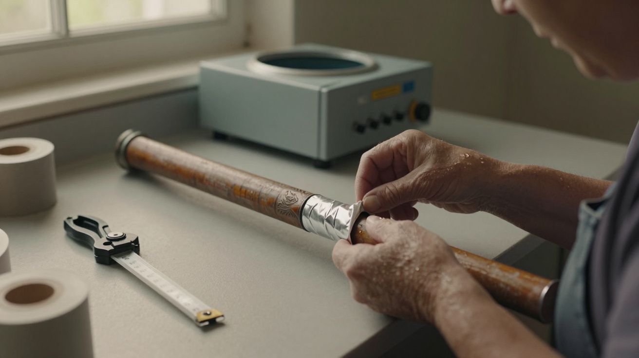 Pessoa a reparar tubo metálico com fita adesiva numa bancada com ferramentas.