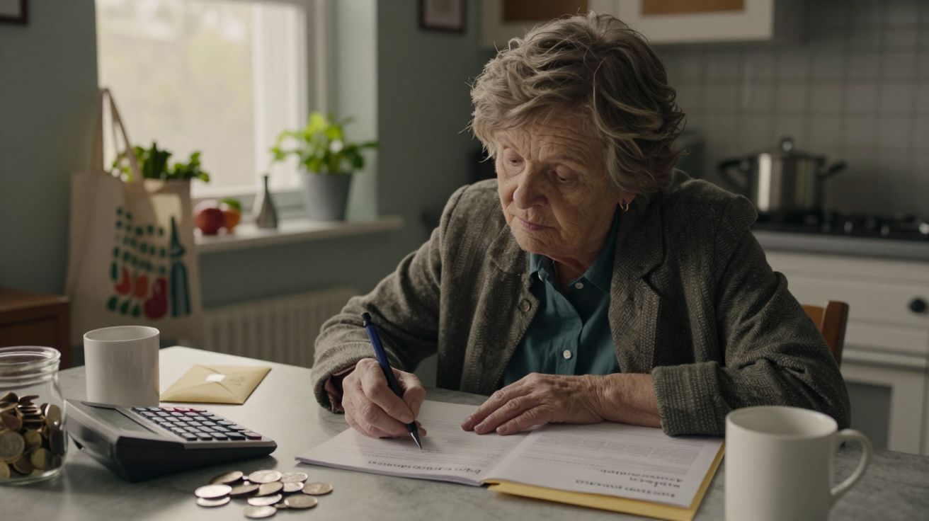 Idosa calculando finanças na cozinha, com calculadora e moedas sobre a mesa.