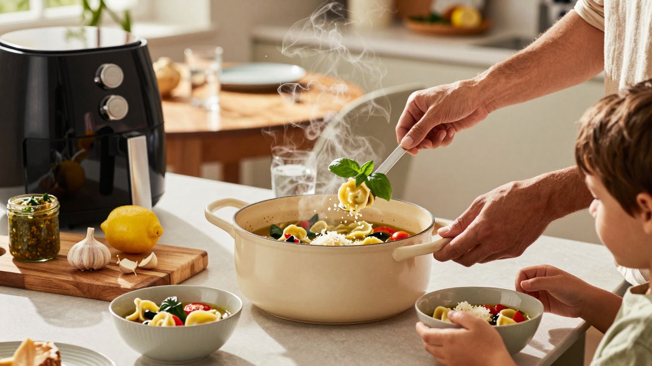 Pessoa a servir massa fumegante numa mesa de cozinha, com criança a observar. Air fryer e ingredientes ao fundo.