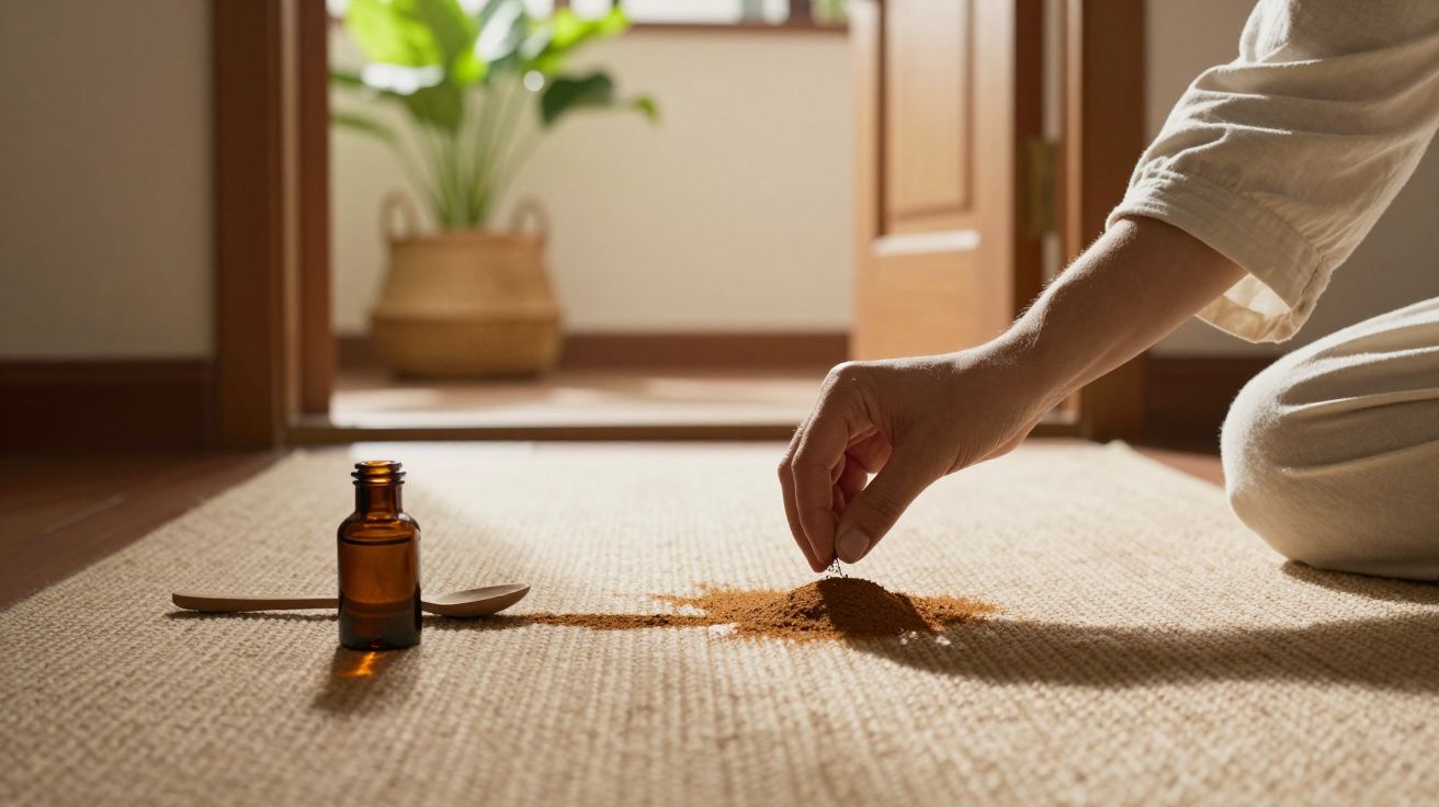 Pessoa espalha especiarias no tapete com frasco e colher ao lado, planta ao fundo.