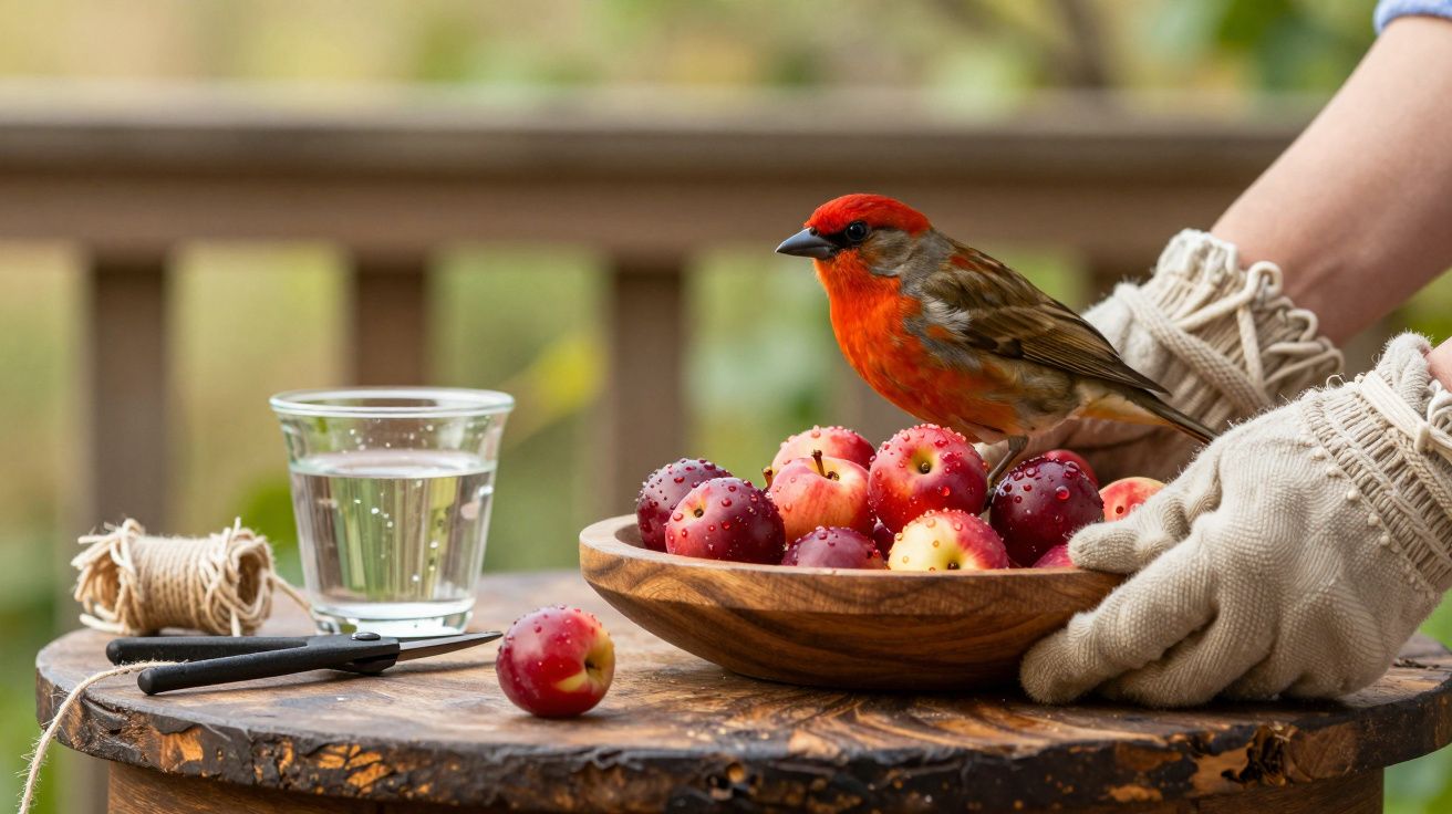 Pássaro vermelho pousado numa taça com maçãs vermelhas. Mão com luva segura a taça sobre mesa rústica ao ar livre.
