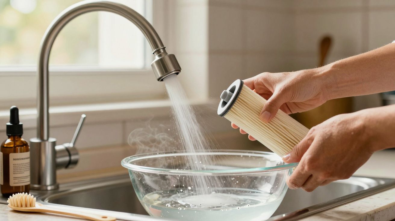 Pessoa a lavar um filtro de água na cozinha, debaixo de uma torneira com água corrente, acima de uma bacia transparente.