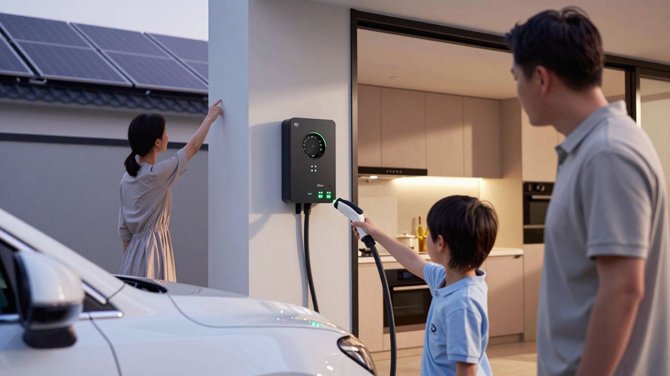 Família a carregar carro elétrico em casa com painel solar, mulher ajusta dispositivo na parede, criança segura cabo de carre