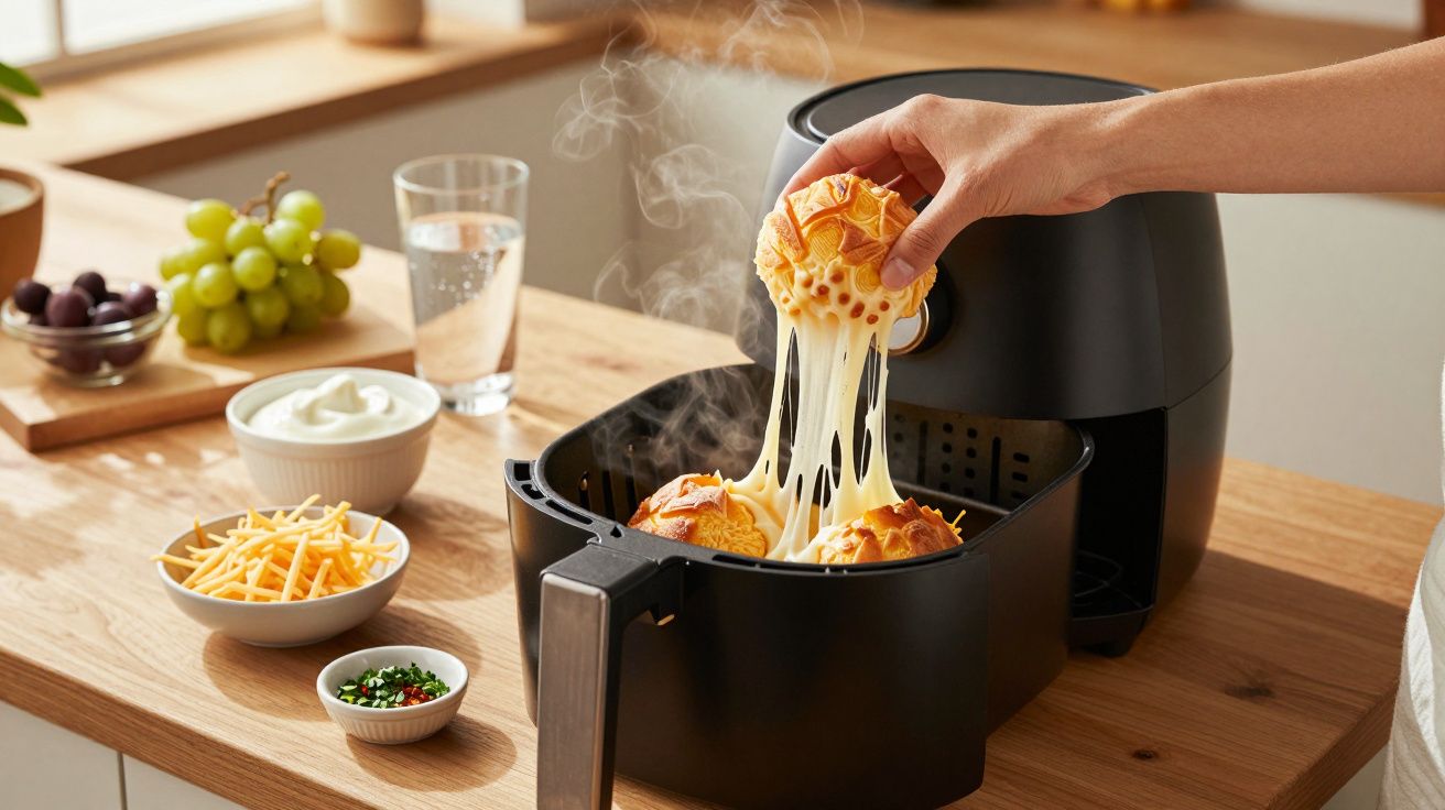 Mão tira pão com queijo derretido de uma airfryer preta numa cozinha com ingredientes ao fundo.