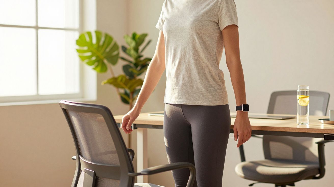 Pessoa em pé junto a uma mesa de escritório, usando roupa casual e relógio, com luz natural e planta ao fundo.