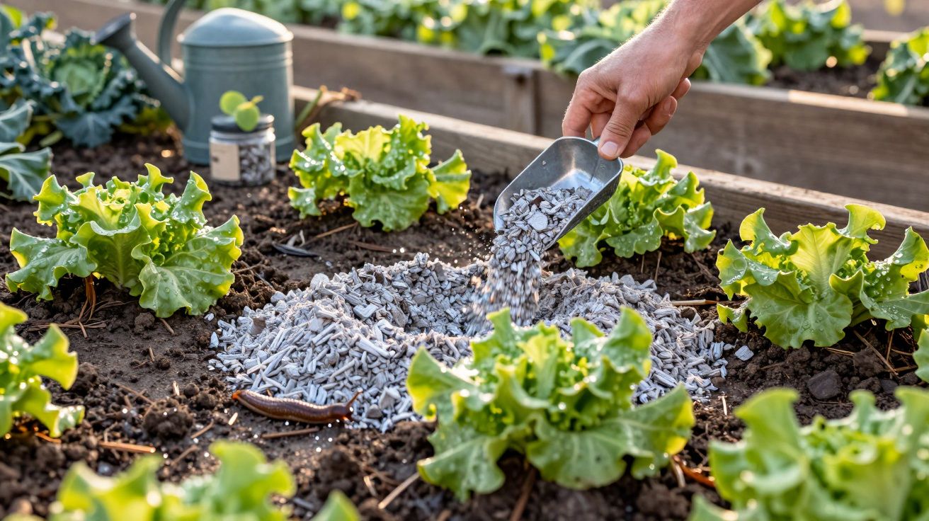 Mão espalhando fertilizante granulado numa horta de alfaces verdes, com regador ao fundo.