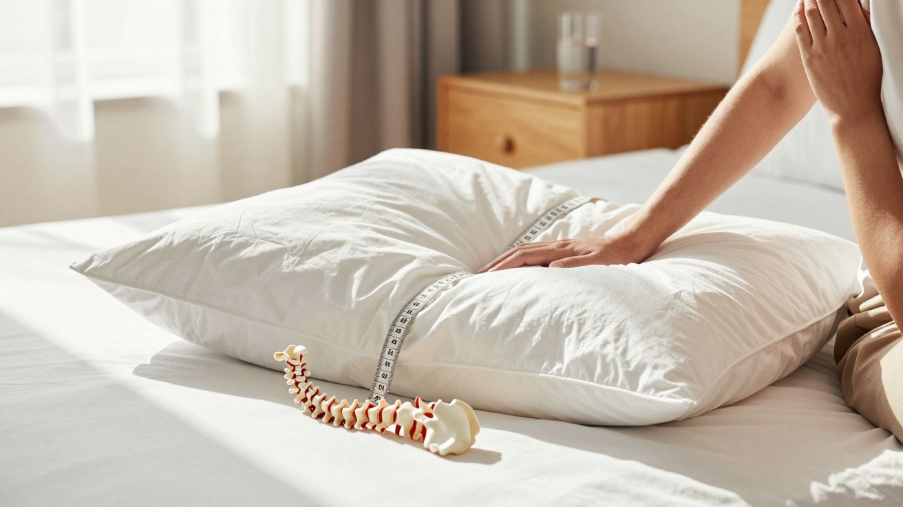 Mão ajusta almofada no quarto com régua e modelo de coluna vertebral, destacando ajuste para conforto e saúde.