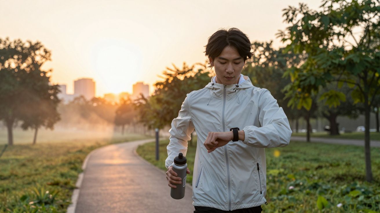 Homem corre em parque ao amanhecer, segurando garrafa e olhando para smartwatch.