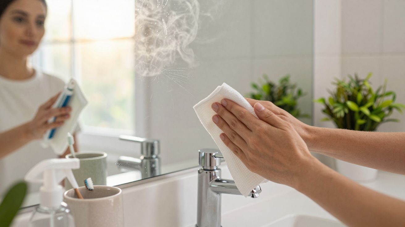 Pessoa a limpar um espelho de casa de banho com um pano, planta ao fundo, copo com escova de dentes.