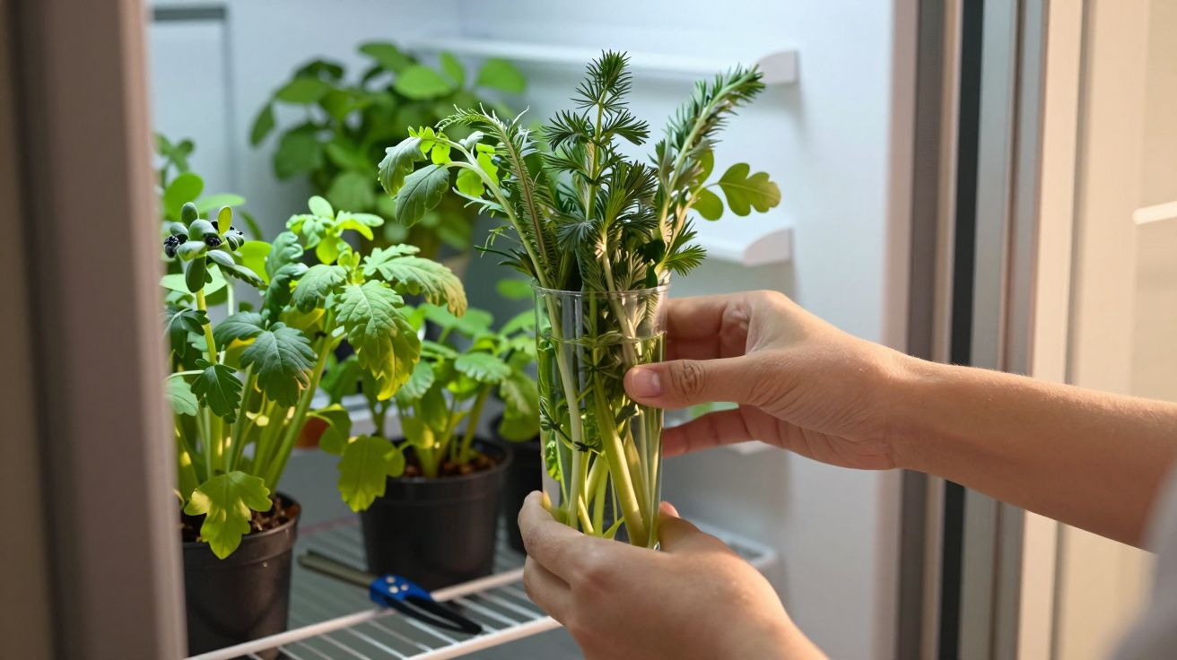 Mãos segurando jarra com ervas frescas em frente a plantas em vasos dentro de um frigorífico.