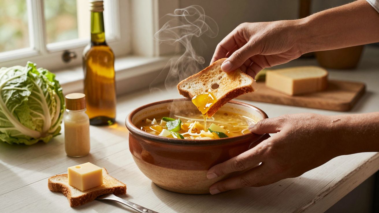 Mãos colocando pão numa tigela de sopa quente, com vegetais ao lado num balcão iluminado pela luz da janela.