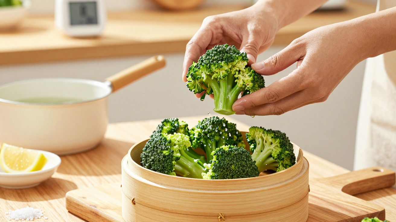 Mãos colocando brócolos num vaporizador de bambu com panela e limão ao fundo na cozinha clara e moderna.