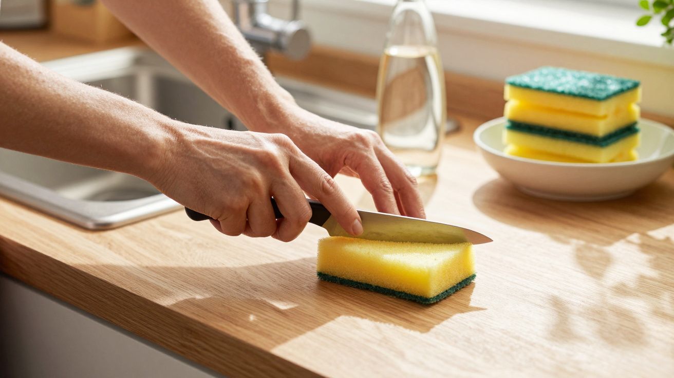 Pessoa a cortar esponja amarela na bancada da cozinha com faca afiada, com lavatório ao fundo.
