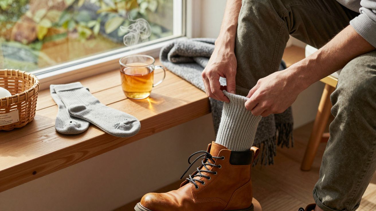 Homem ajusta meias junto a janela, chá ao lado. Botas castanhas no chão.