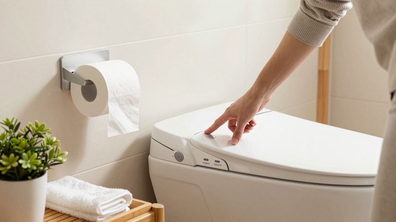 Pessoa a pressionar botão na sanita moderna, papel higiénico à esquerda e planta decorativa em cima de mesa de madeira.