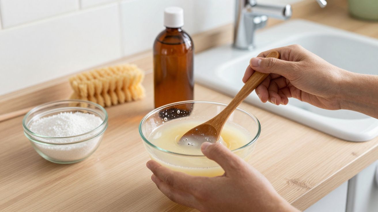 Mãos mexem solução em taça de vidro com colher de madeira, junto a ingredientes de limpeza num balcão de cozinha.