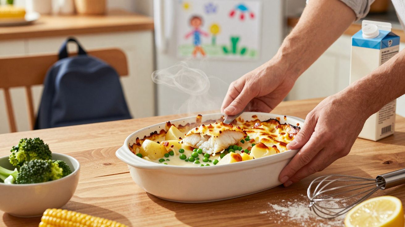 Mãos segurando um tabuleiro de gratinado de peixe com batatas e ervilhas sobre uma mesa de madeira na cozinha.