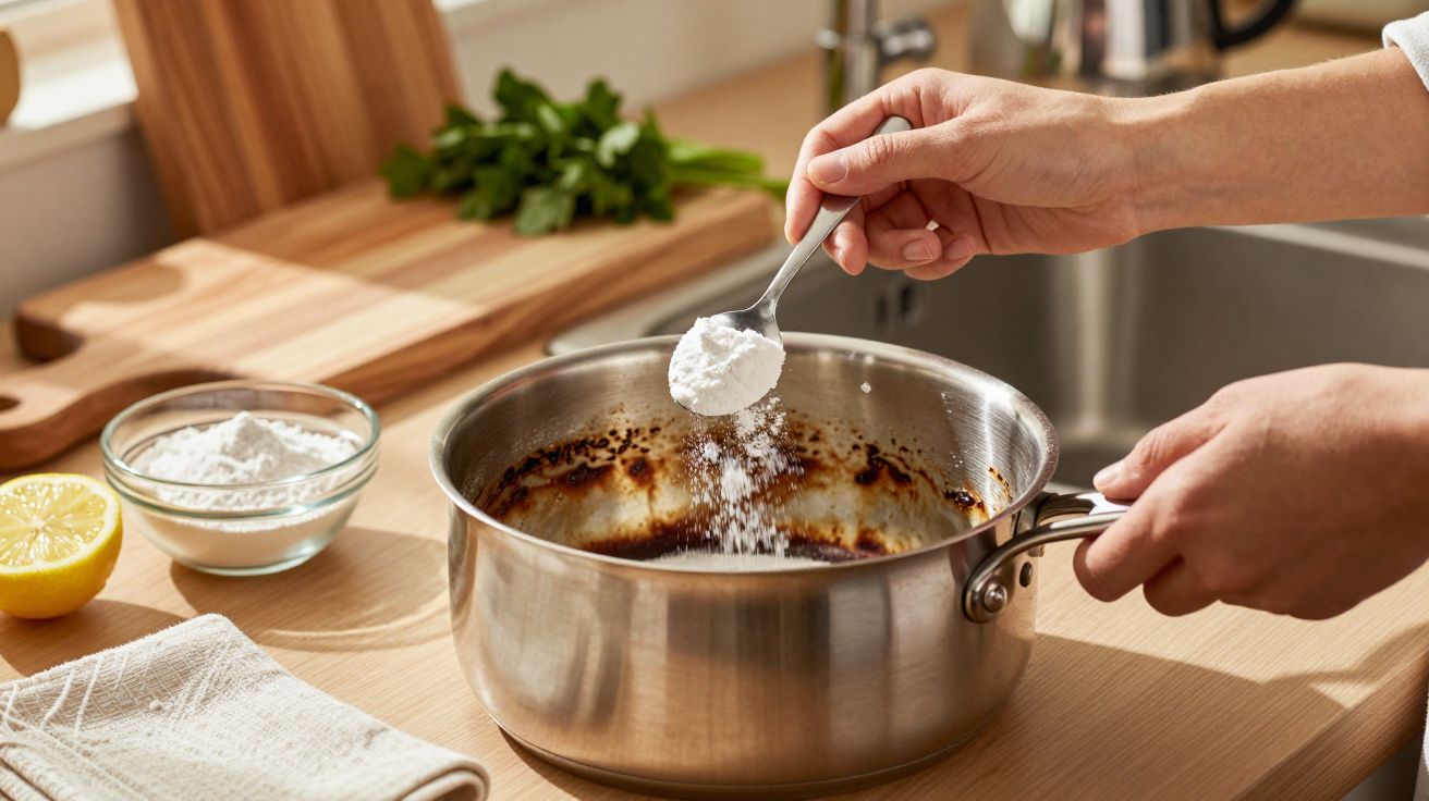 Pessoa adiciona pó branco a panela de aço inoxidável sobre bancada de madeira, com ingredientes ao redor.