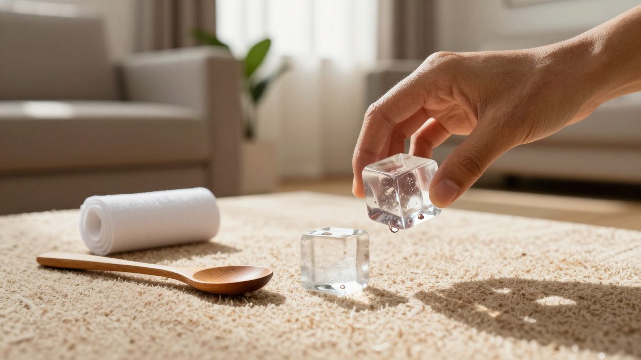 Mão segura um cubo de gelo num tapete bege, com uma colher de madeira e toalha branca ao lado.