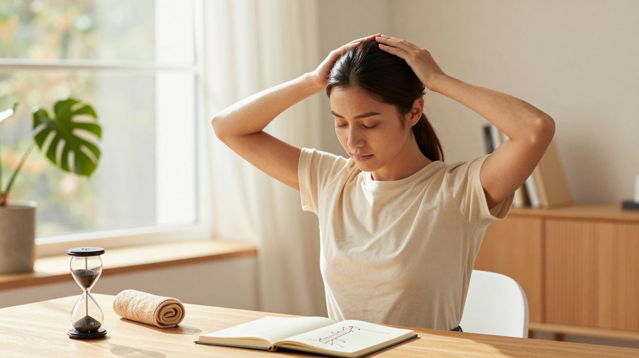 Mulher sentada à mesa, mãos na cabeça, com livro aberto e ampulheta ao lado, num ambiente iluminado.