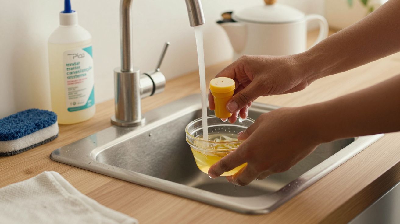 Pessoa a lavar uma tigela de vidro sob água corrente numa pia de cozinha, com detergente e esponja ao lado.