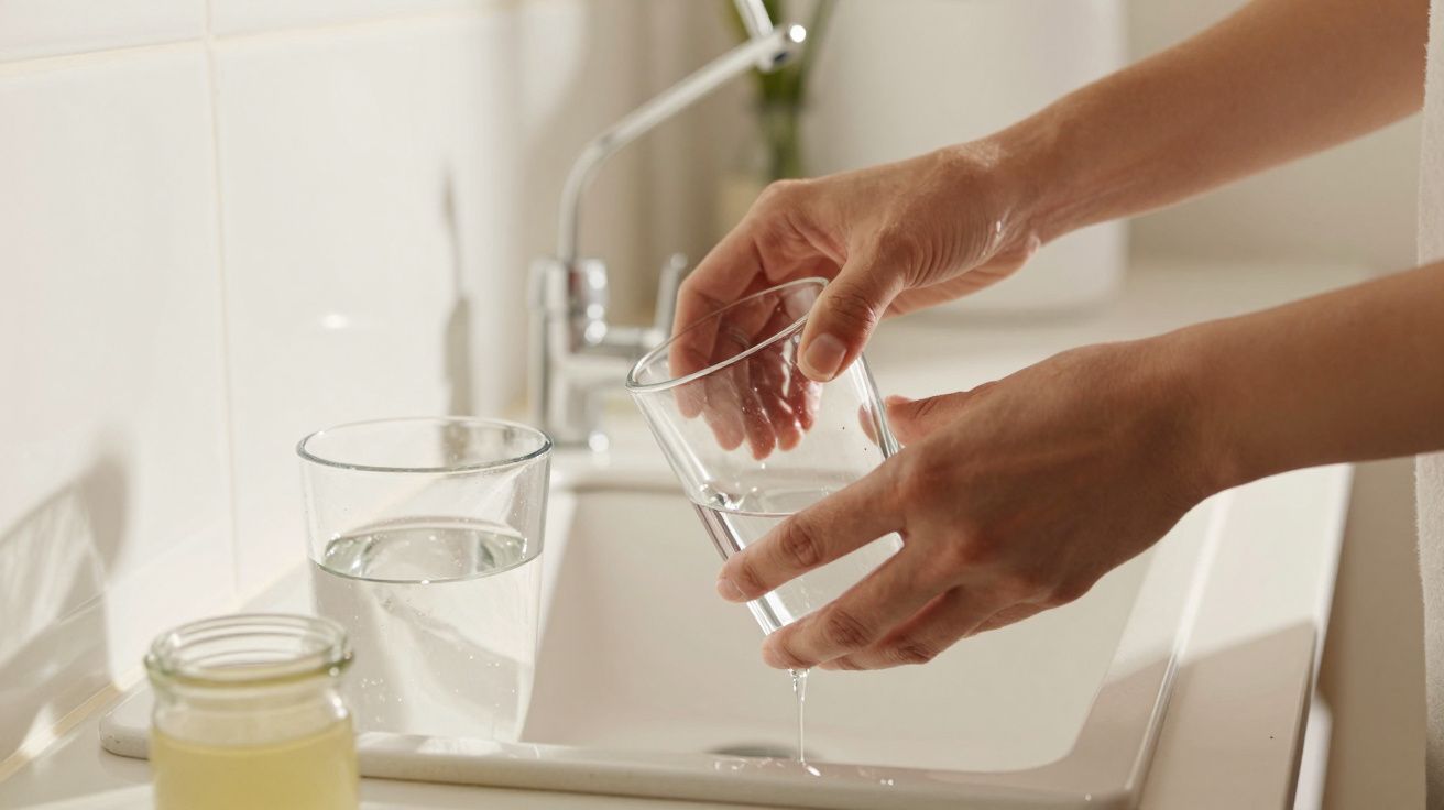 Mãos seguram um copo de água sobre um lavatório, com copos de água ao fundo.