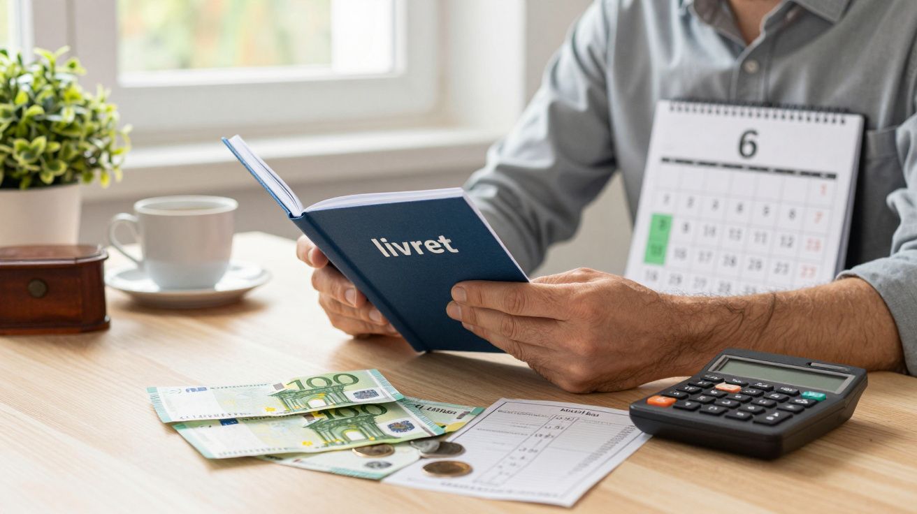 Homem segura livret, cercado por notas de euro, calculadora e calendário de junho. Ambiente de trabalho em mesa de madeira.