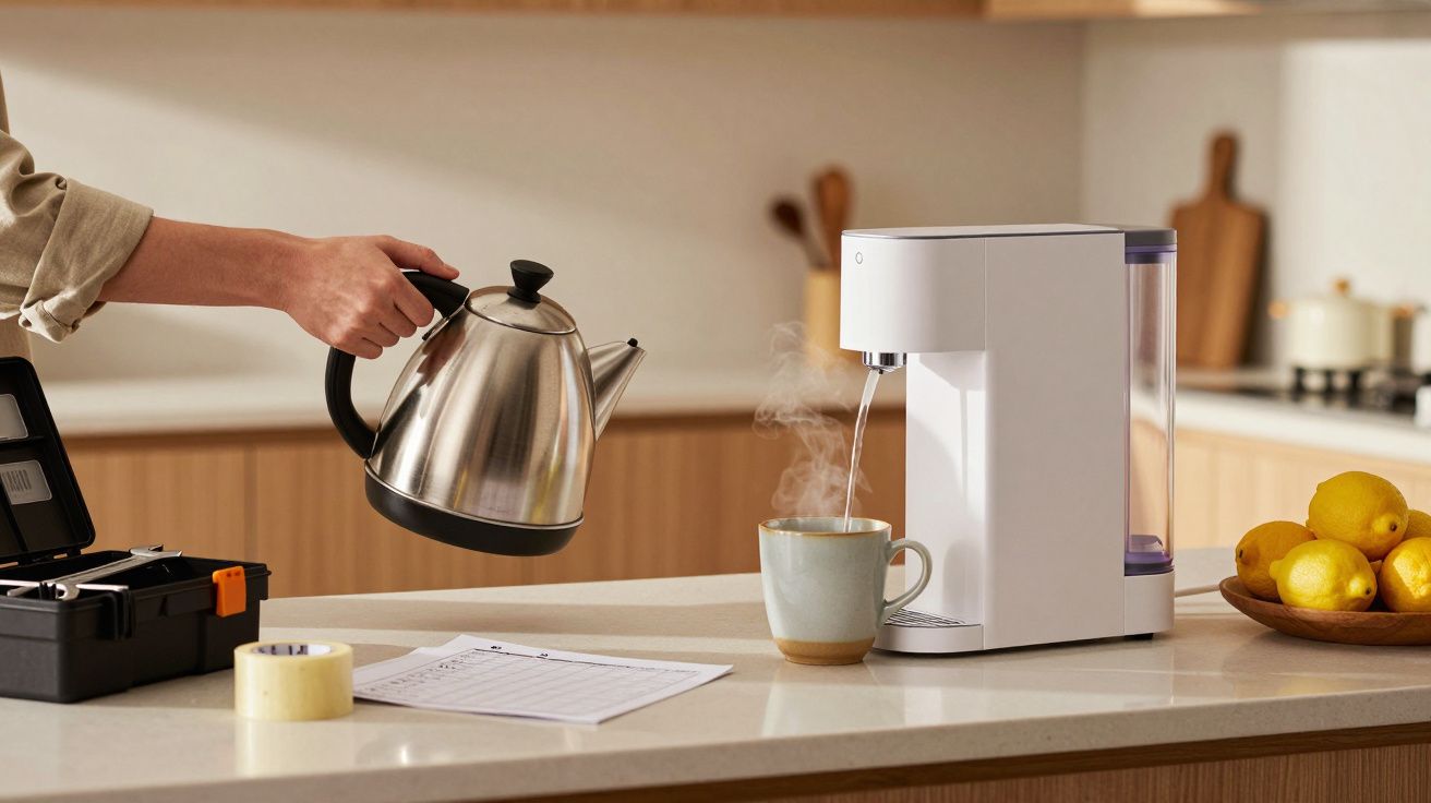 Pessoa com jarro metálico próximo de uma máquina de café; chávena ao lado com vapor. Frutas e utensílios na bancada.