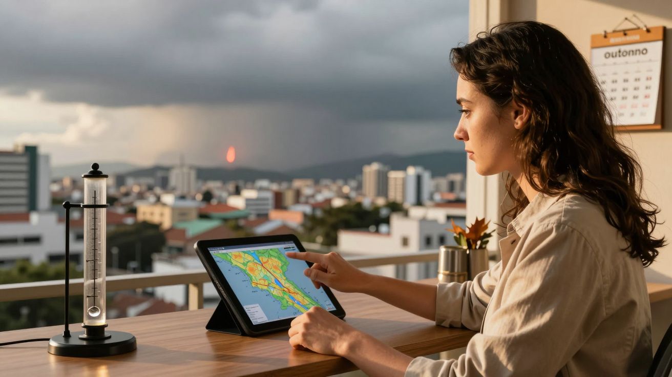 Mulher numa varanda consulta um tablet com mapa meteorológico; ao fundo, cidade e céu nublado.