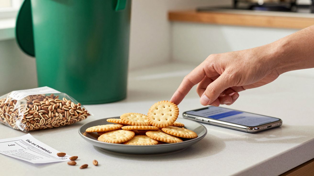 Mão apanha bolacha de prato na bancada, perto de sementes embaladas e smartphone.