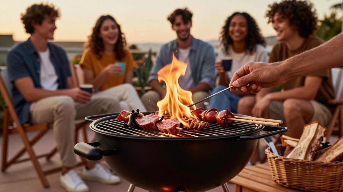 Grupo de amigos a fazer churrasco num grelhador, ao ar livre, conversando e sorrindo.