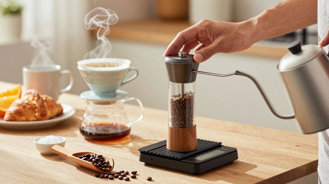 Pessoa a moer café num moinho manual numa cozinha, ao lado de uma cafeteira com vapor e um pequeno-almoço.