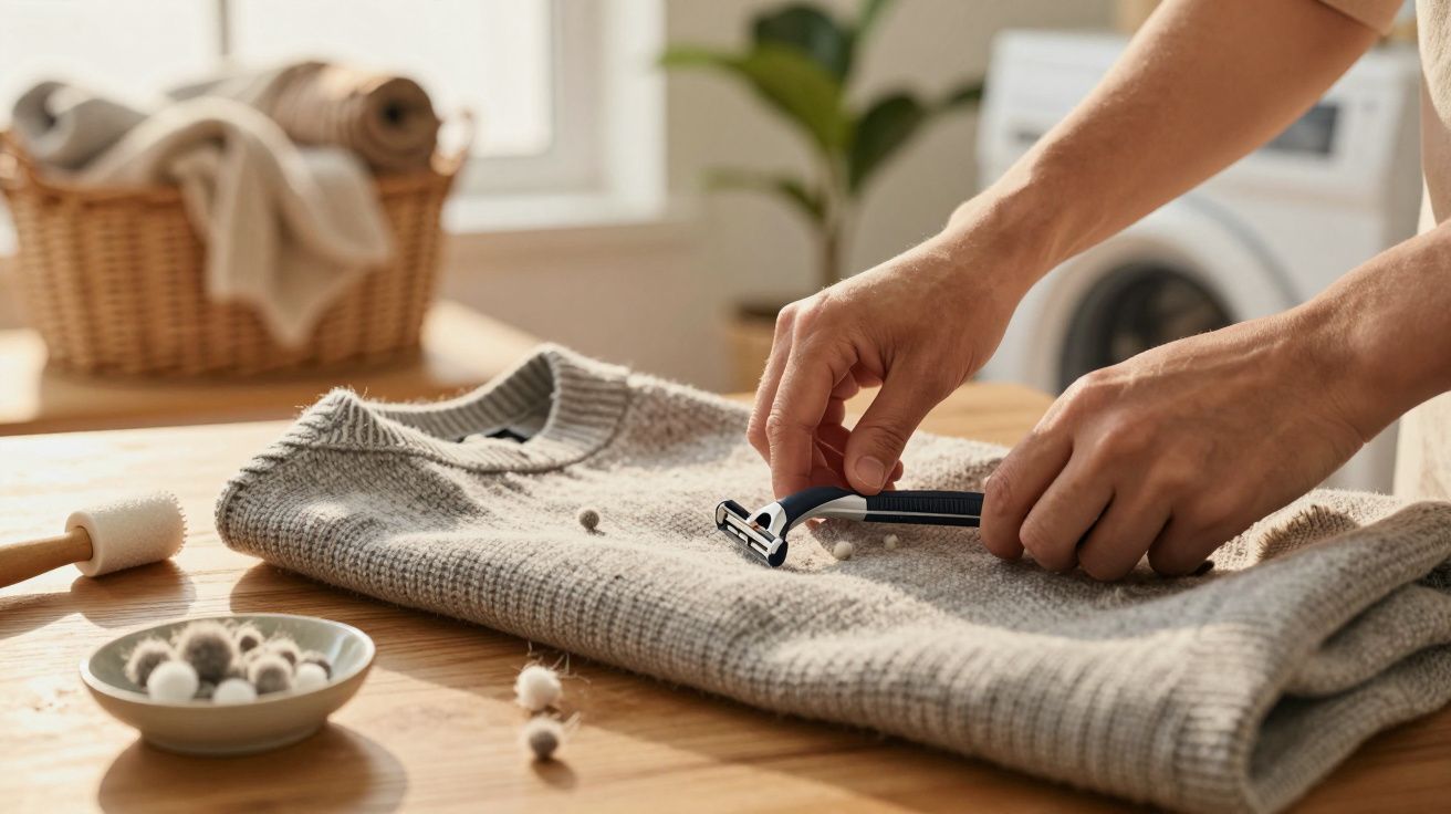Mãos a usar lâmina de barbear para remover borbotos de camisola cinzenta sobre mesa de madeira, com cesto de roupa ao fundo.