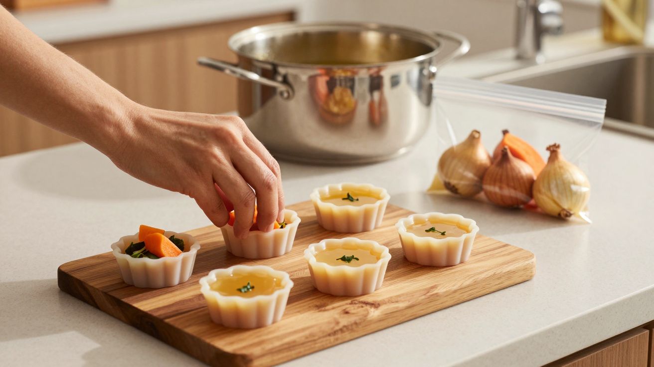 Mão preparando pequenas formas com comida em bancada de cozinha, panela ao fundo e cebolas ao lado.