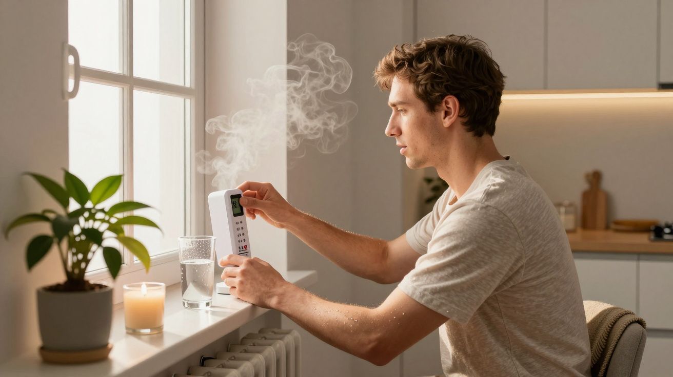 Homem ajustando humidificador branco numa janela, com vapor visível.