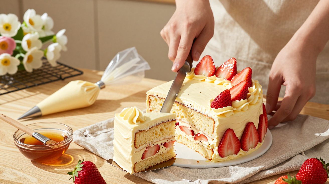 Pessoa a cortar fatia de bolo de morango recheado, decorado com chantilly.