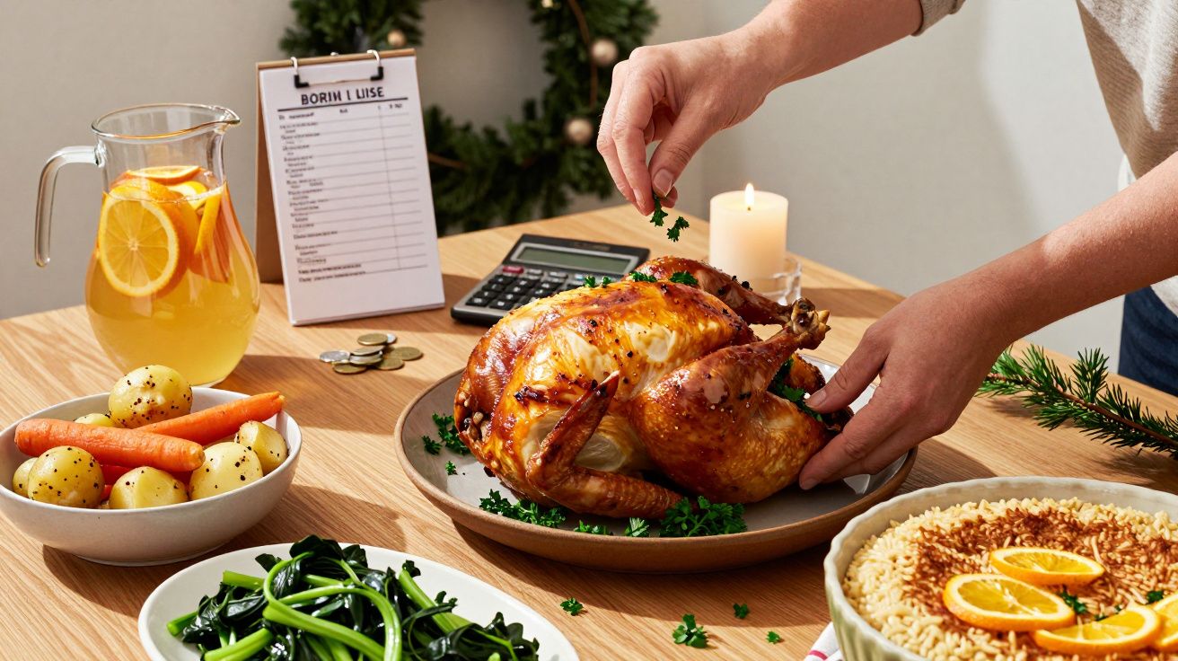 Mesa com peru assado, legumes, arroz e jarro de bebida cítrica; mãos decoram o peru com salsa.