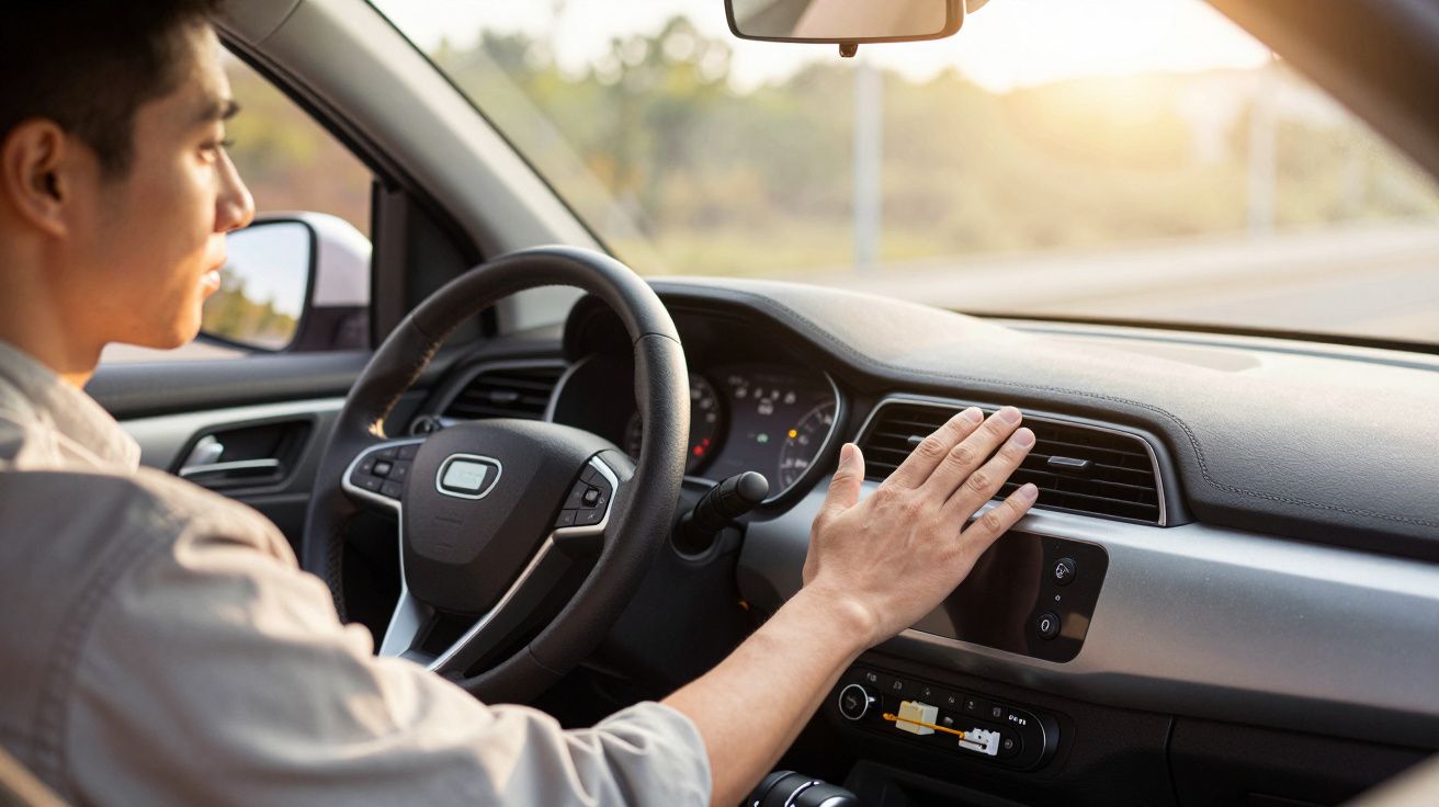 Homem ao volante ajusta a ventilação do carro enquanto conduz em estrada sob luz do sol.