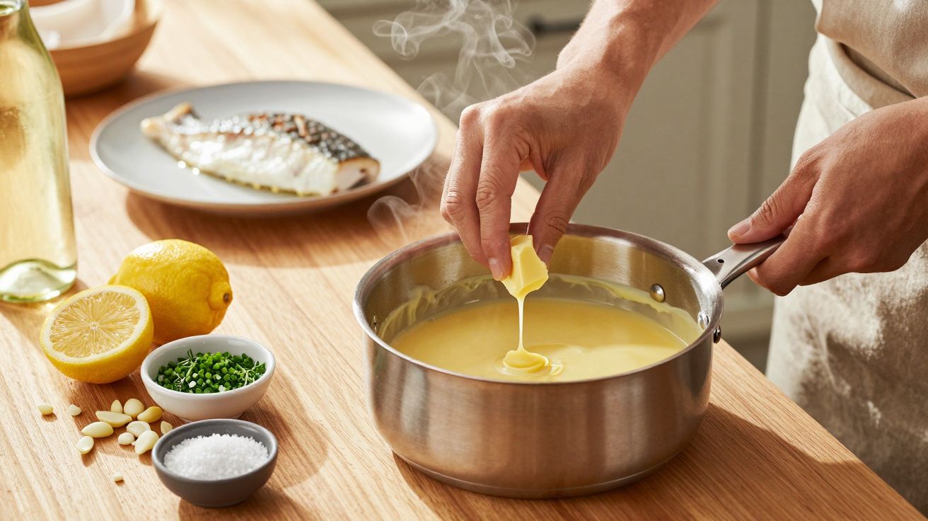 Mãos derretem manteiga numa panela de molho. Ingredientes ao lado: limão, cebolinho, sal e peixe grelhado em prato.