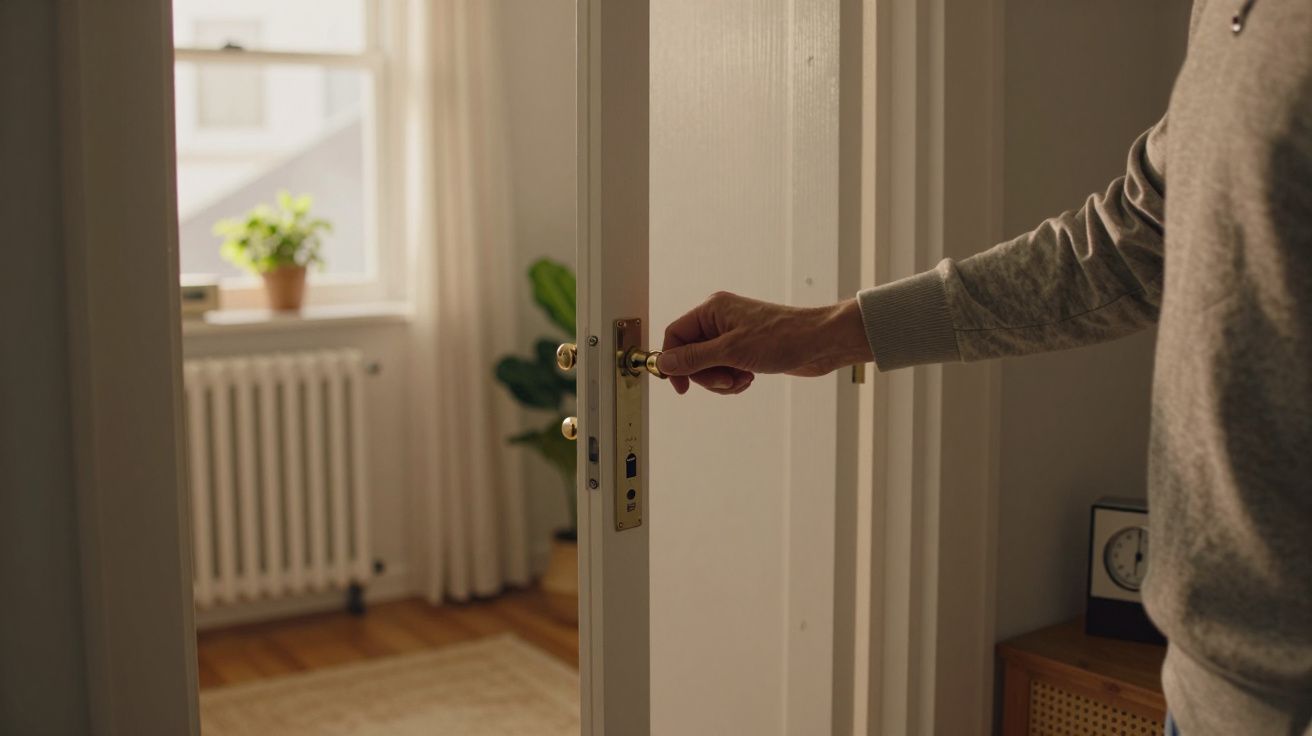 Pessoa a abrir uma porta branca para uma sala iluminada com planta ao fundo.