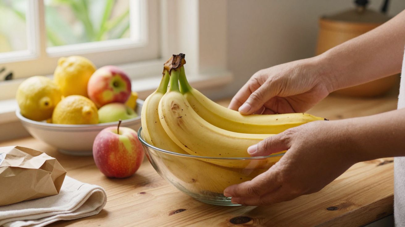 Mãos segurando uma taça com bananas numa cozinha, ao lado de maçãs e citrinos numa mesa de madeira.
